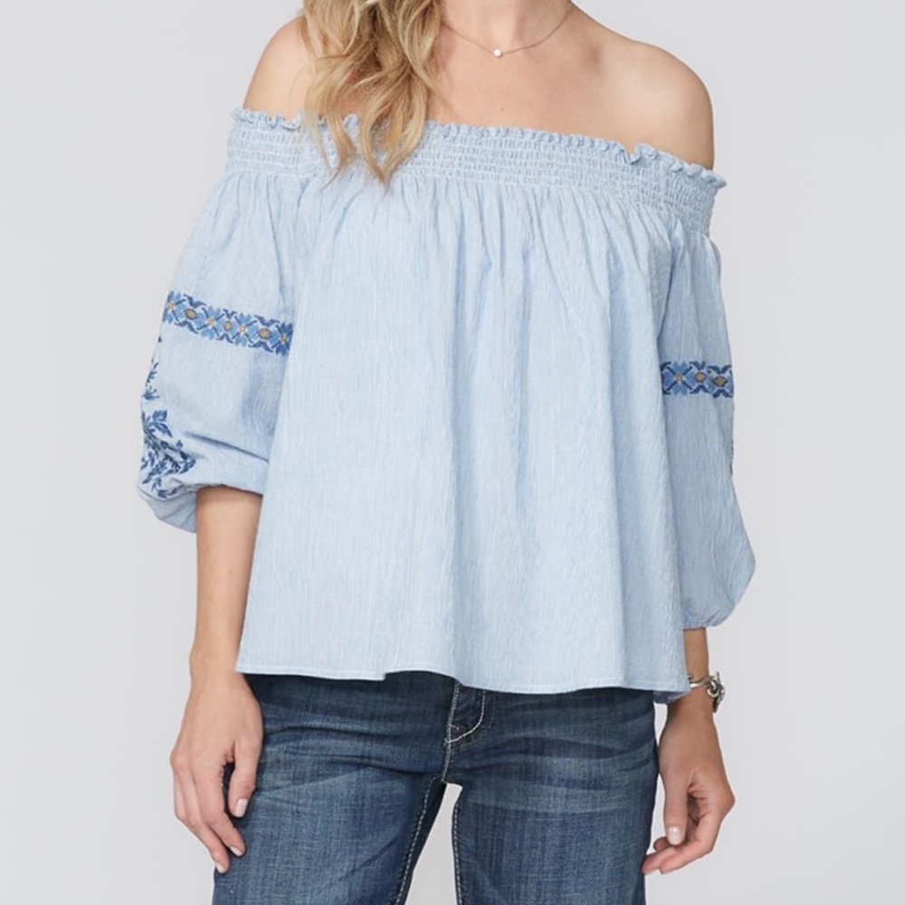 Stetson Pinstriped Embroidered Off Shoulder Top, Small